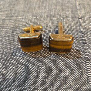 Vintage Gold Tone Tiger's Eye Square Men's Cuff Links Quartz Stone Brown Golden